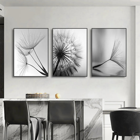 Black White Minimalist Dandelion Abstract Wall Art Fine Art Canvas Prints - Simple Lifestyle Art For Modern Apartment Living Room Dining Room Bedroom Art Decor
