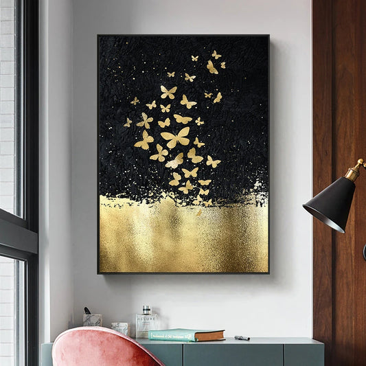 Set of 3Pcs Abstract Auspicious Golden Fish Butterflies Wall Art Fine Art Canvas Prints - Modern Art For Luxury Living Room Dining Room Art For Modern Interiors