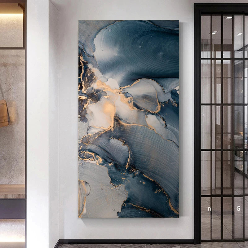 Set of 3 Pcs Abstract Blue Marble Print Wall Art Fine Art Canvas Prints - Modern Art For Living Room Foyer Dining Room Decor Art For Contemporary Interiors