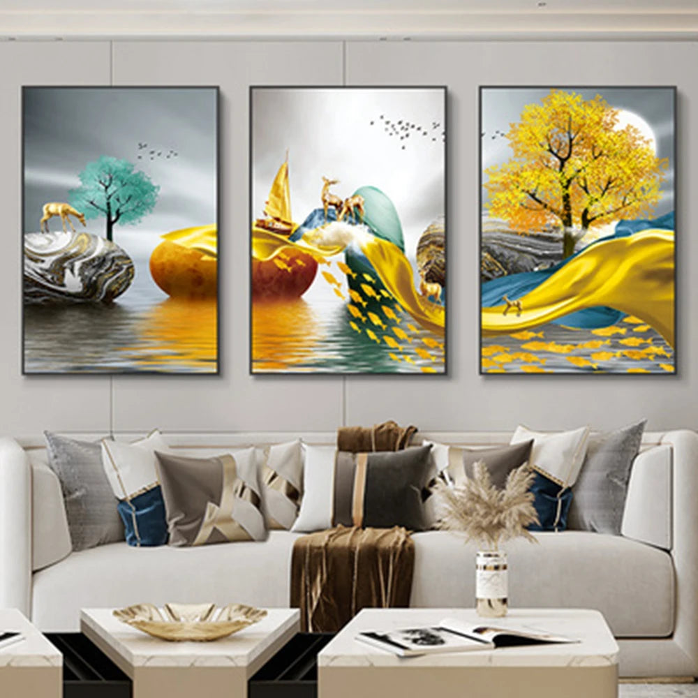Set of 3 Pcs Flowing Abstract Auspicious Landscape Wall Art Fine Art Canvas Prints - Triptych Artworks For Living Room Dining Room Art For Home Office Decor