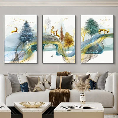 Set of 3 Pcs Flowing Abstract Auspicious Landscape Wall Art Fine Art Canvas Prints - Triptych Artworks For Living Room Dining Room Art For Home Office Decor