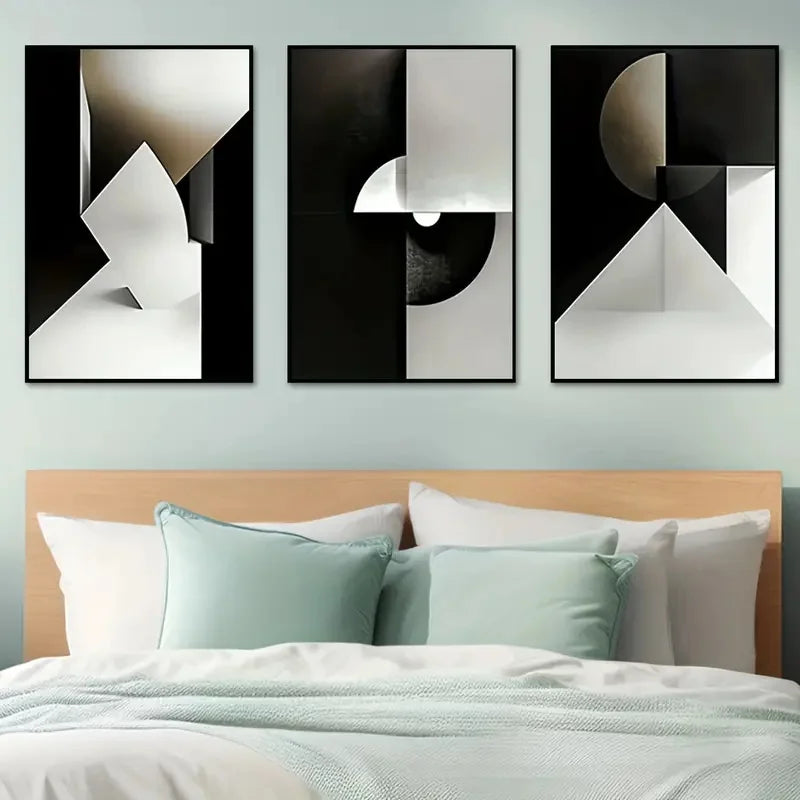 Set of 3Pcs Modern Geometry Bold Grey Black Abstract Geometric Wall Art Fine Art Canvas Prints - Art For Modern Apartment Living Room Bedroom Home Office Decor