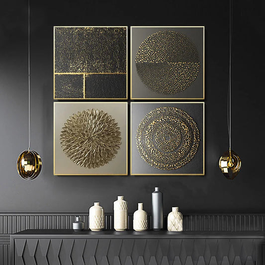 Modern Abstract Golden Spherical Square Format Wall Art Fine Art Canvas Prints - Modern Artworks For Living Room Dining Room Art For Contemporary Home Decor