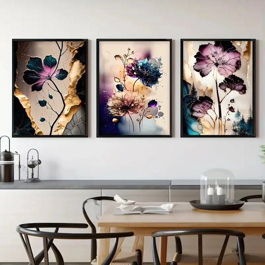 Set of 3Pcs Dreamy Purple Beige Cyan Floral Abstract Wall Art Fine Art Canvas Prints - Modern Botanical Pictures For Living Room Dining Room Wall Decor For Boutique Hotel Room
