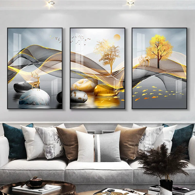 Set of 3 Pcs Flowing Abstract Auspicious Landscape Wall Art Fine Art Canvas Prints - Triptych Artworks For Living Room Dining Room Art For Home Office Decor