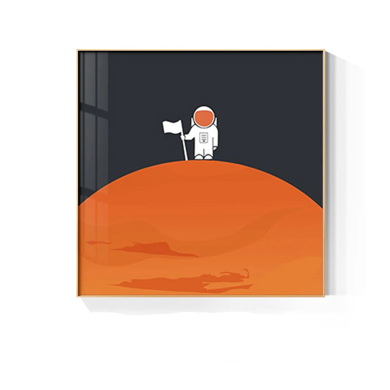 Space Mars Astronaut Cute Kid's Room Wall Art Fine Art Canvas Prints - Colorful Modern Retro Art For Office Meeting Room Inspirational Art For Contemporary Interiors
