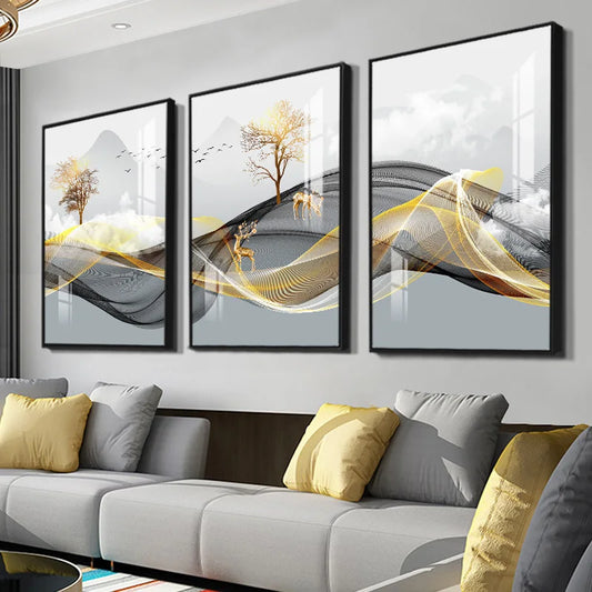 Set of 3 Pcs Flowing Abstract Auspicious Landscape Wall Art Fine Art Canvas Prints - Triptych Artworks For Living Room Dining Room Art For Home Office Decor