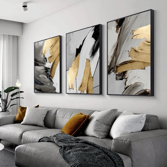 Elegant Golden Grey Abstract Wall Art Fine Art Canvas Prints - Pictures For Modern Apartment Living Room Dining Room Contemporary Bedroom Art Decor
