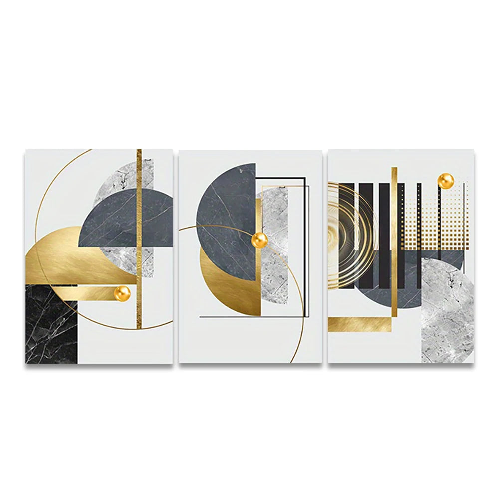 Golden Grey Abstract Geometric Wall Art Fine Art Canvas Prints - Modern Artworks For Apartment Living Room Dining Room Bedroom Art For Contemporary Interiors