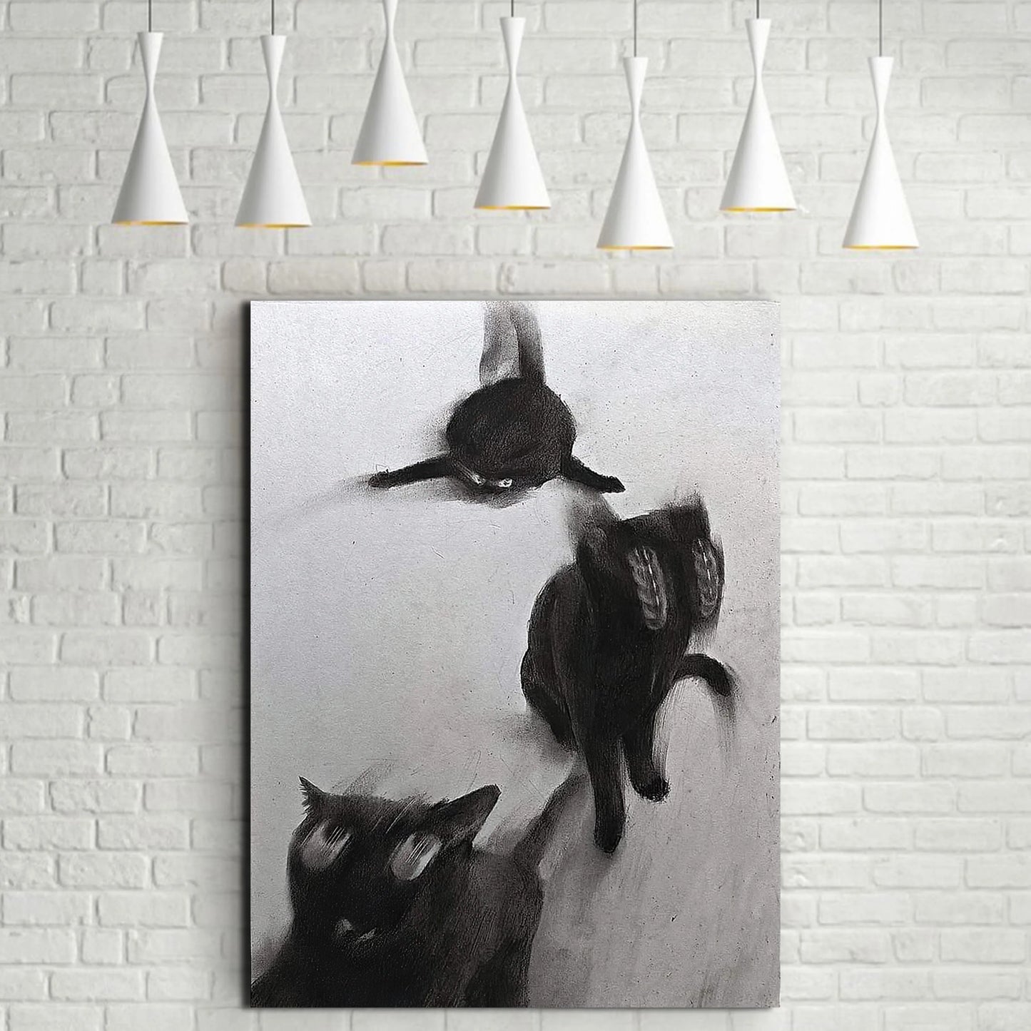 Abstract Black Cats In Motion Wall Art – Expressive Blurred Feline Trio Artwork – Modern Minimalist Print for Contemporary Living Room Decor