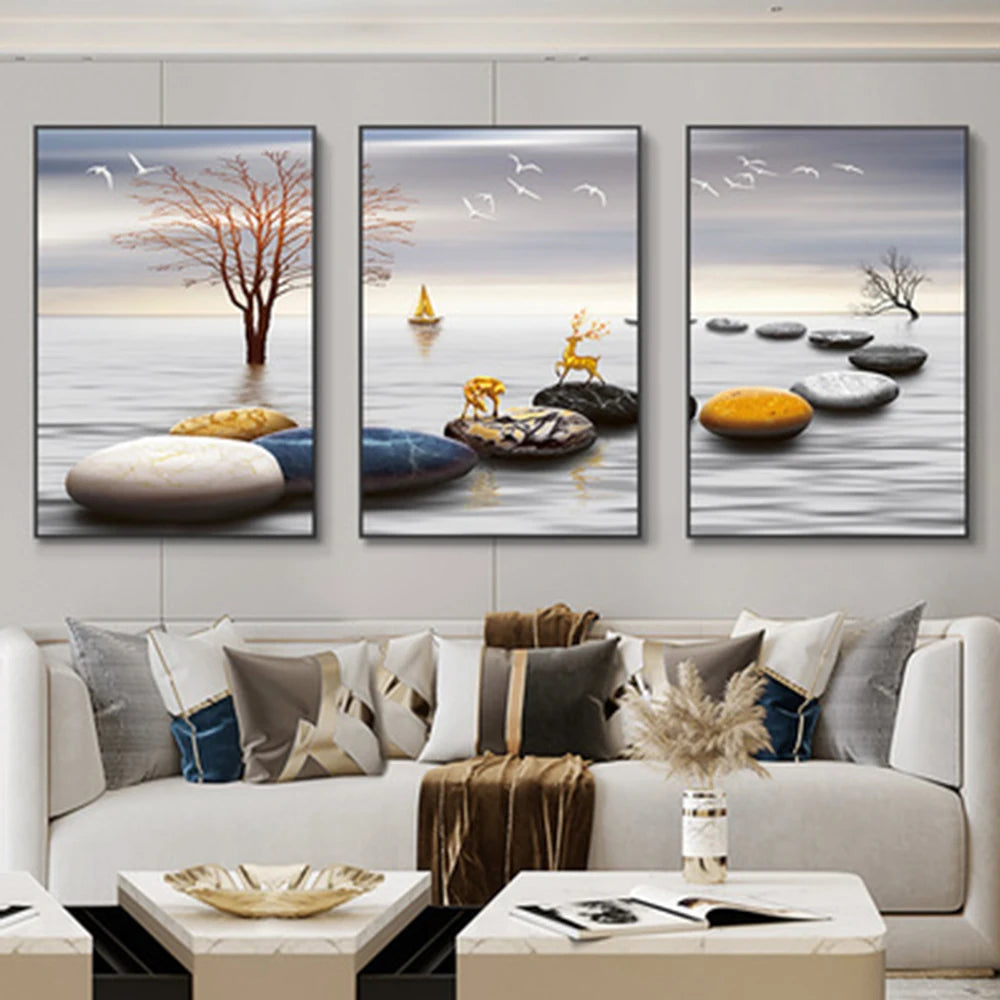 Set of 3 Pcs Flowing Abstract Auspicious Landscape Wall Art Fine Art Canvas Prints - Triptych Artworks For Living Room Dining Room Art For Home Office Decor