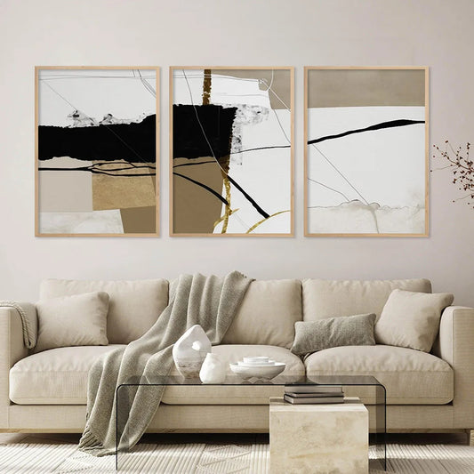 Vintage Brown Black Beige Color Block Abstract Wall Art Fine Art Canvas Prints - Pictures For Dining Room Living Room Bedroom Artworks For Contemporary Decor
