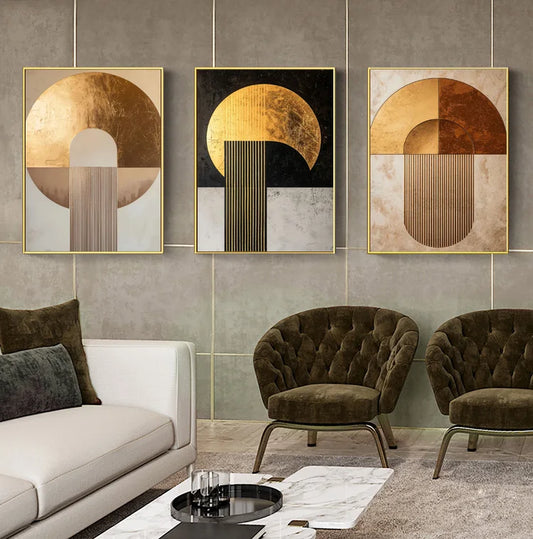 Modern Abstract Black Golden Geometric Wall Art Fine Art Canvas Prints - Modern Art For Contemporary Apartment Living Room Dining Room Bedroom Art Decor