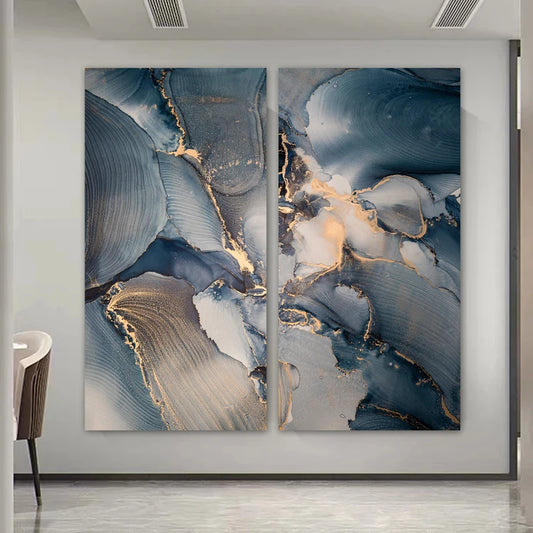 Set of 3 Pcs Abstract Blue Marble Print Wall Art Fine Art Canvas Prints - Modern Art For Living Room Foyer Dining Room Decor Art For Contemporary Interiors