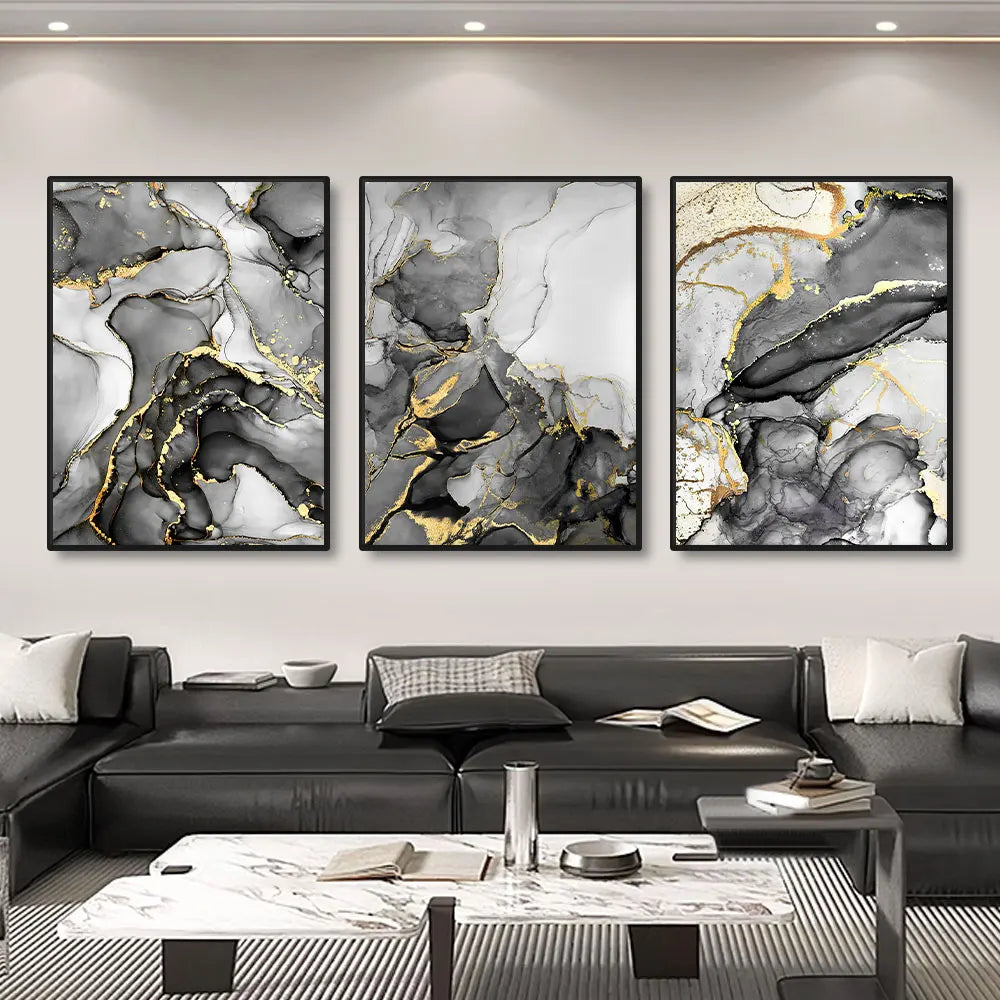 Set of 3Pcs Golden Black Grey Golden Marble Print Wall Art Fine Art Canvas Prints - Artworks For Modern Living Room Dining Room Home Office Art Decor