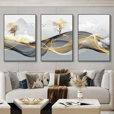 Set of 3 Pcs Flowing Abstract Auspicious Landscape Wall Art Fine Art Canvas Prints - Triptych Artworks For Living Room Dining Room Art For Home Office Decor
