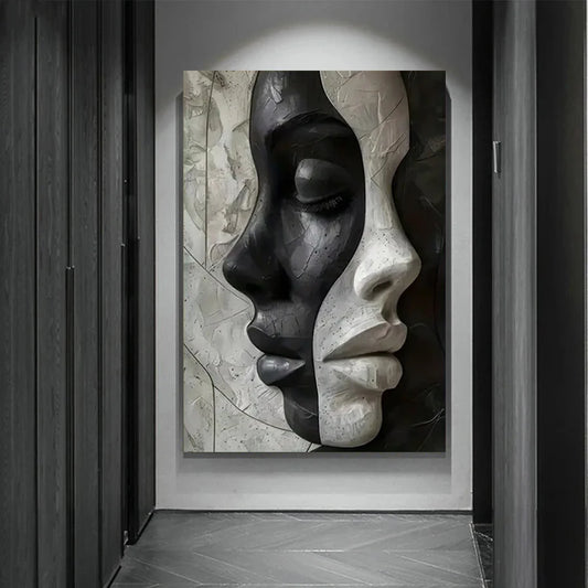 Abstract Black White Sculptured Face Wall Art Fine Art Canvas Prints - Modern Art For Entranceway Foyer Reception Room Living Room Art For Home Office Salon Decor