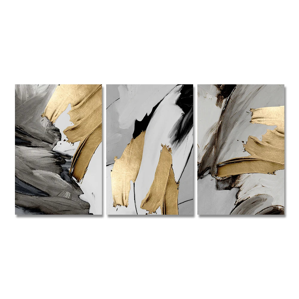Elegant Golden Grey Abstract Wall Art Fine Art Canvas Prints - Pictures For Modern Apartment Living Room Dining Room Contemporary Bedroom Art Decor