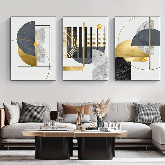Golden Grey Abstract Geometric Wall Art Fine Art Canvas Prints - Modern Artworks For Apartment Living Room Dining Room Bedroom Art For Contemporary Interiors