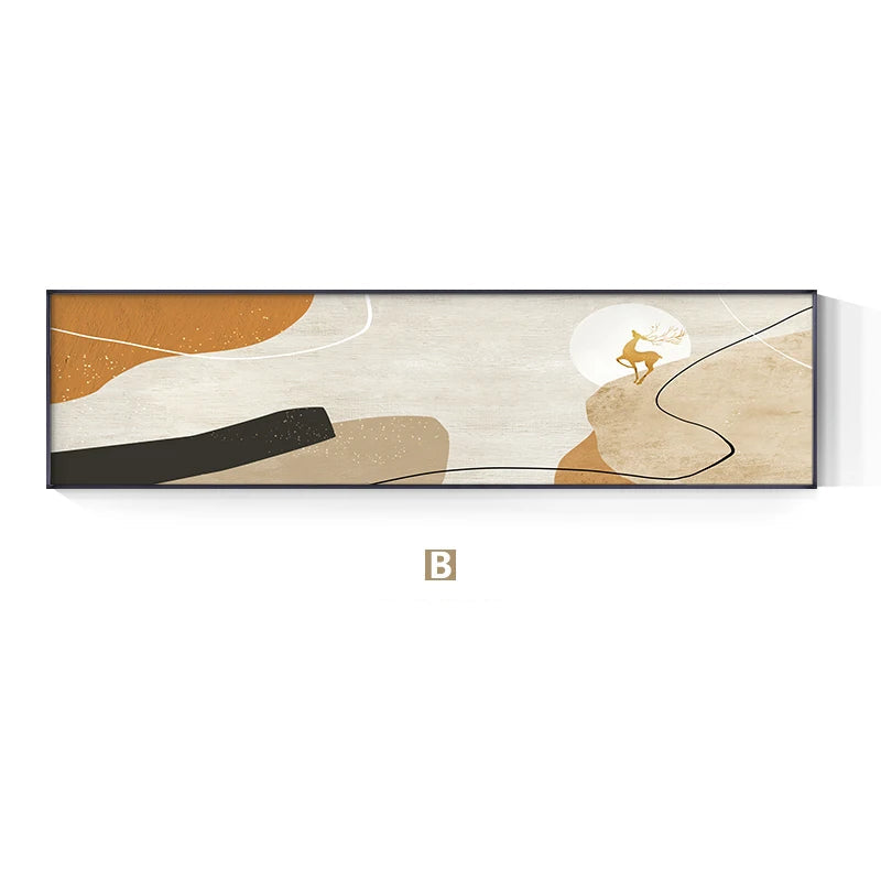 Abstract Nordic Golden Deer Wide Format Landscape Wall Art Fine Art Canvas Prints - Modern Pictures For Living Room Above The Sofa Wide Art For Above The Bed