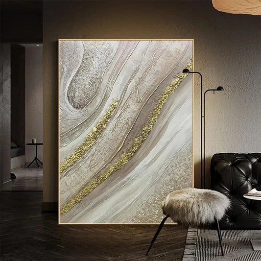 Modern Abstract Flowing Golden Textural Design Concept Wall Art Fine Art Canvas Prints - Art For Entrance Foyer Lobby Reception Room Art For Home Office Decor