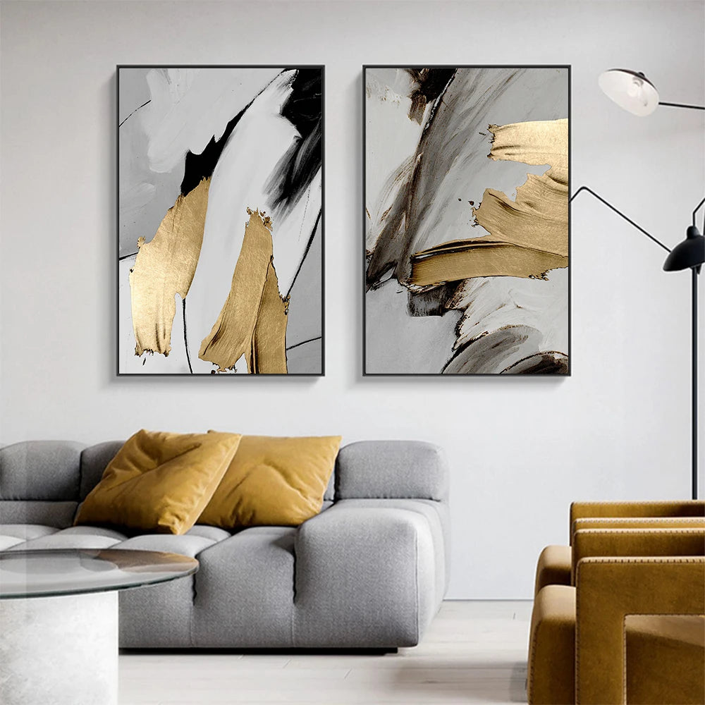 Elegant Golden Grey Abstract Wall Art Fine Art Canvas Prints - Pictures For Modern Apartment Living Room Dining Room Contemporary Bedroom Art Decor