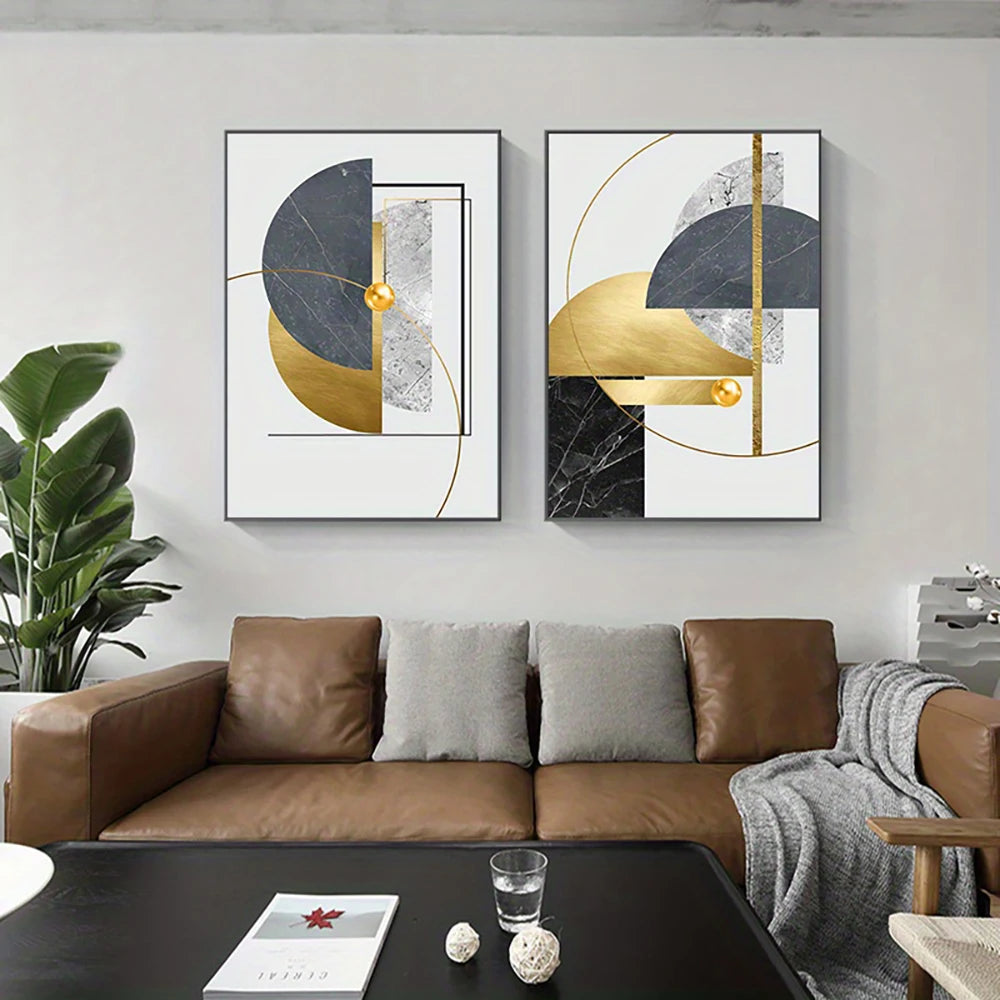 Golden Grey Abstract Geometric Wall Art Fine Art Canvas Prints - Modern Artworks For Apartment Living Room Dining Room Bedroom Art For Contemporary Interiors