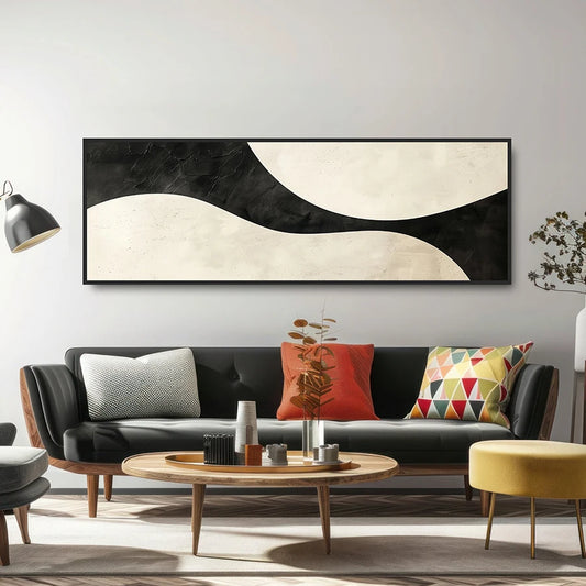 Minimalist Black Beige Ying Yang Wall Art Fine Art Canvas Prints - Abstract Wide Format Wall Art For Above The Sideboard Living Room Art For Above The Sofa