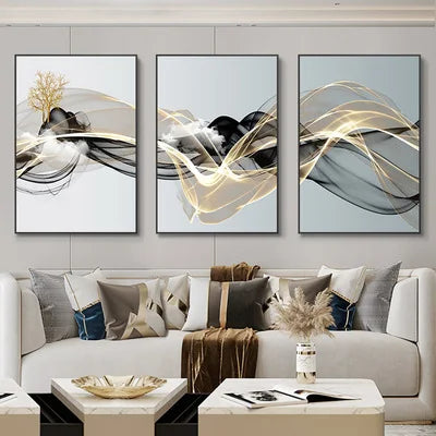 Set of 3 Pcs Flowing Abstract Auspicious Landscape Wall Art Fine Art Canvas Prints - Triptych Artworks For Living Room Dining Room Art For Home Office Decor