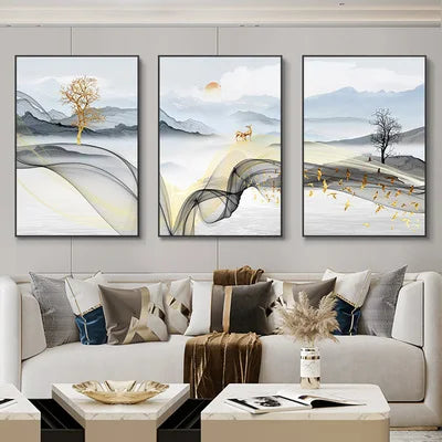 Set of 3 Pcs Flowing Abstract Auspicious Landscape Wall Art Fine Art Canvas Prints - Triptych Artworks For Living Room Dining Room Art For Home Office Decor