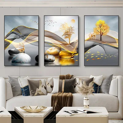 Set of 3 Pcs Flowing Abstract Auspicious Landscape Wall Art Fine Art Canvas Prints - Triptych Artworks For Living Room Dining Room Art For Home Office Decor