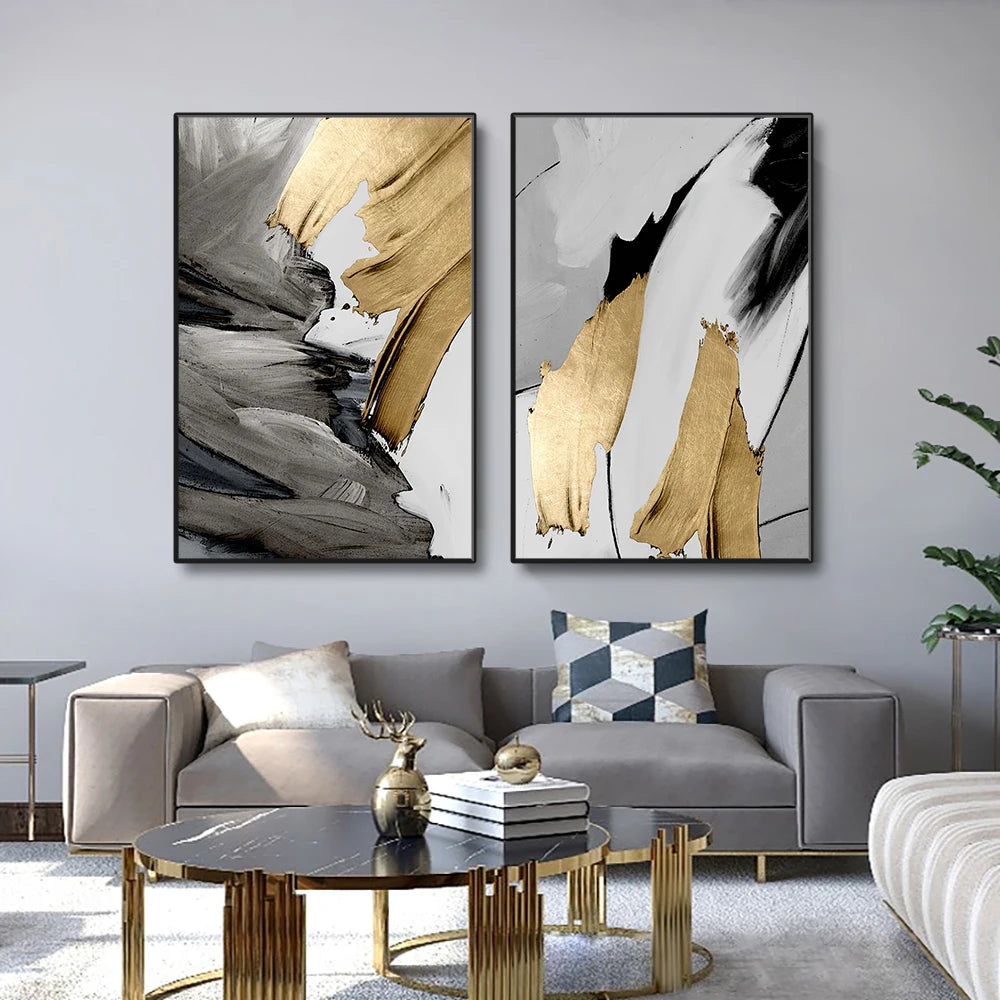 Elegant Golden Grey Abstract Wall Art Fine Art Canvas Prints - Pictures For Modern Apartment Living Room Dining Room Contemporary Bedroom Art Decor