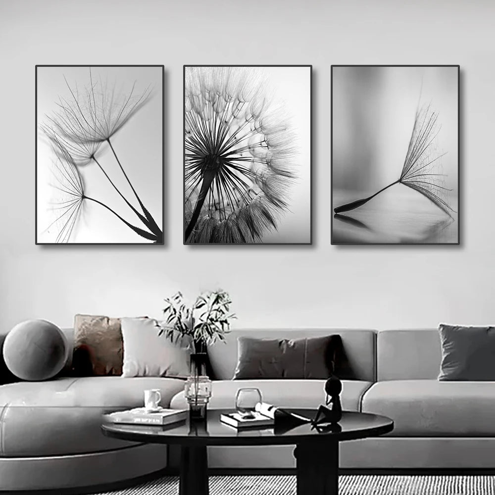 Black White Minimalist Dandelion Abstract Wall Art Fine Art Canvas Prints - Simple Lifestyle Art For Modern Apartment Living Room Dining Room Bedroom Art Decor