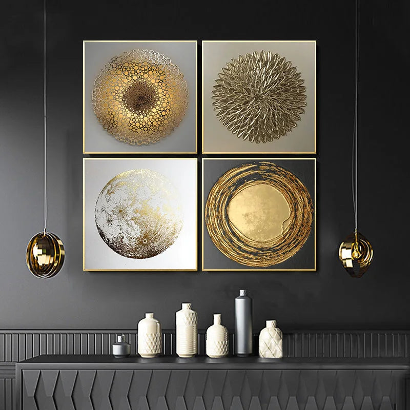 Modern Abstract Golden Spherical Square Format Wall Art Fine Art Canvas Prints - Modern Artworks For Living Room Dining Room Art For Contemporary Home Decor