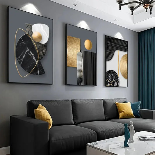 Set of 3Pcs Grey Golden Abstract Geometry Concept Wall Art Fine Art Canvas Prints - Modern Art For Living Room Dining Room Art For Contemporary Home Office Interiors