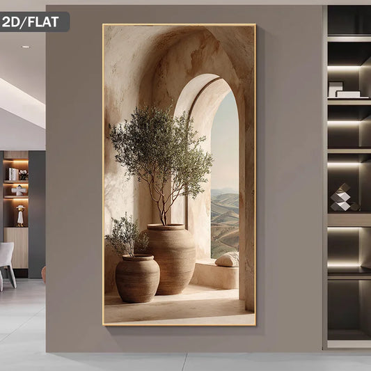 Mediterranean Archway Landscape Canvas Print – Warm Neutral Architectural Wall Art with Clay Pots & Minimalist Nature Scene for Modern Rustic Interiors