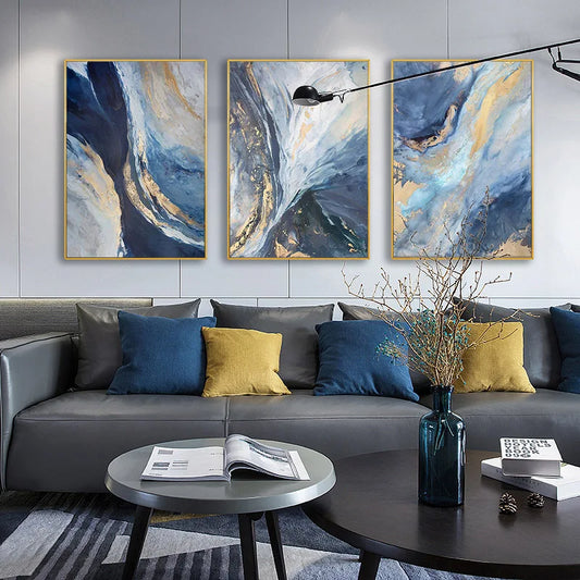 Set of 3Pcs Blue Grey Golden Abstract Flowing Ocean Wall Art Fine Art Canvas Prints - Modern Art For Living Room Dining Room Bedroom Art For Contemporary Interiors