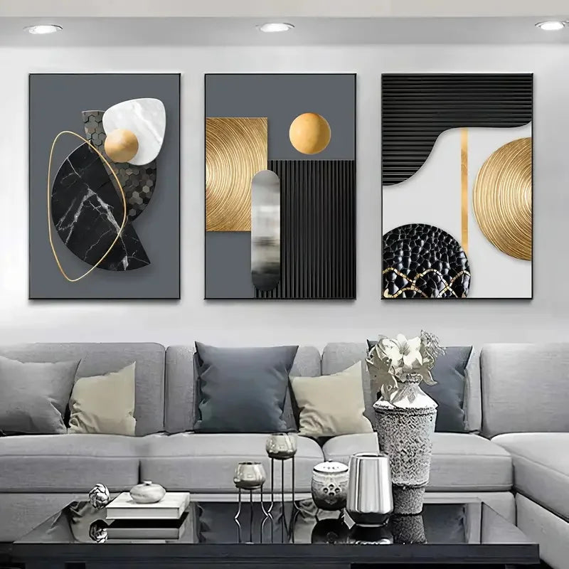 Set of 3Pcs Grey Golden Abstract Geometry Concept Wall Art Fine Art Canvas Prints - Modern Art For Living Room Dining Room Art For Contemporary Home Office Interiors