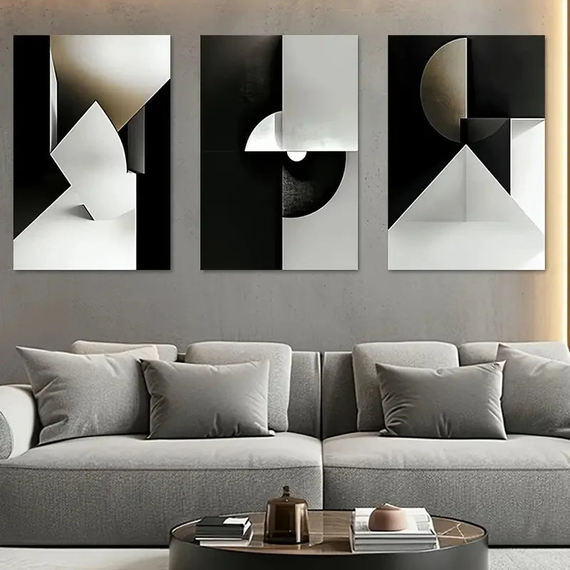 Set of 3Pcs Modern Geometry Bold Grey Black Abstract Geometric Wall Art Fine Art Canvas Prints - Art For Modern Apartment Living Room Bedroom Home Office Decor