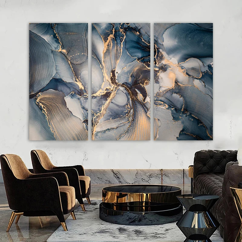 Set of 3 Pcs Abstract Blue Marble Print Wall Art Fine Art Canvas Prints - Modern Art For Living Room Foyer Dining Room Decor Art For Contemporary Interiors
