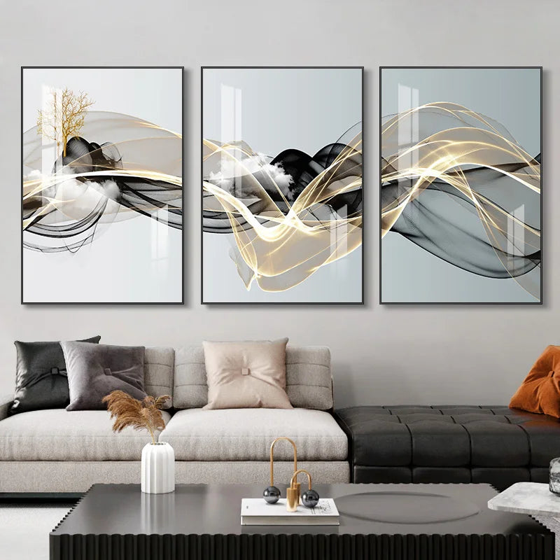 Set of 3 Pcs Flowing Abstract Auspicious Landscape Wall Art Fine Art Canvas Prints - Triptych Artworks For Living Room Dining Room Art For Home Office Decor