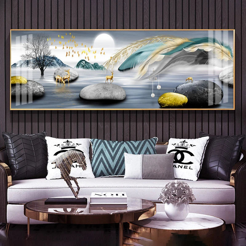 Modern Abstract Auspicious Feather Wall Art Fine Art Canvas Prints - Wide Format Pictures For Above The Bed Modern Art For Above The Sofa