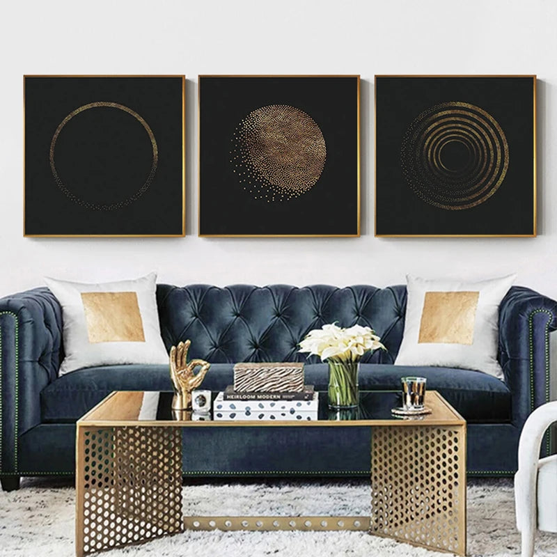 Modern Abstract Golden Spherical Square Format Wall Art Fine Art Canvas Prints - Modern Artworks For Living Room Dining Room Art For Contemporary Home Decor