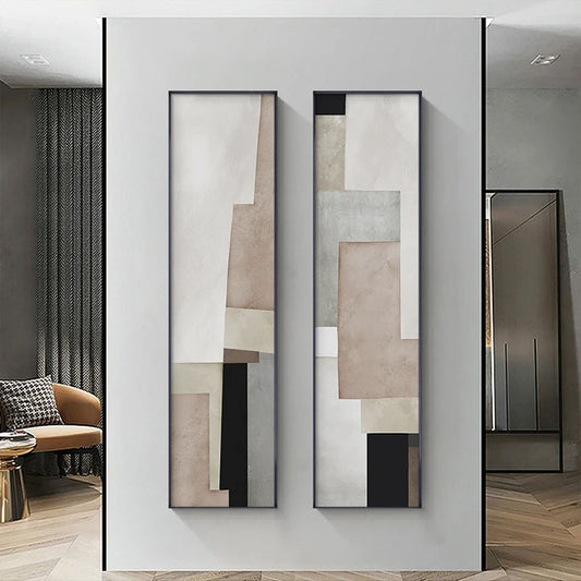 Shades Of Grey Beige Block Abstract Wall Art Fine Art Canvas Prints - Vertical Format Pictures For Entranceway Foyer Reception Art For Contemporary Home & Office Interiors.
