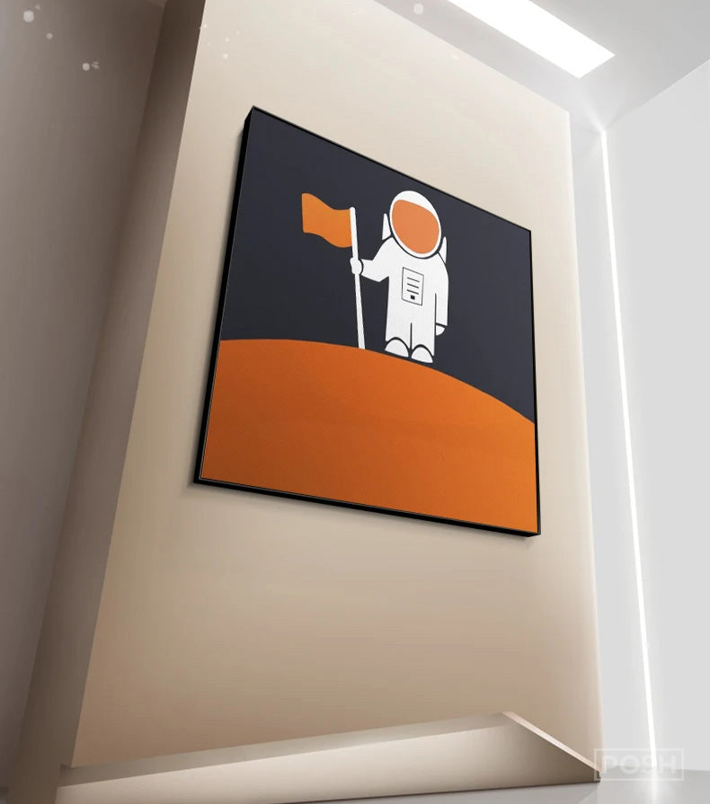 Space Mars Astronaut Cute Kid's Room Wall Art Fine Art Canvas Prints - Colorful Modern Retro Art For Office Meeting Room Inspirational Art For Contemporary Interiors