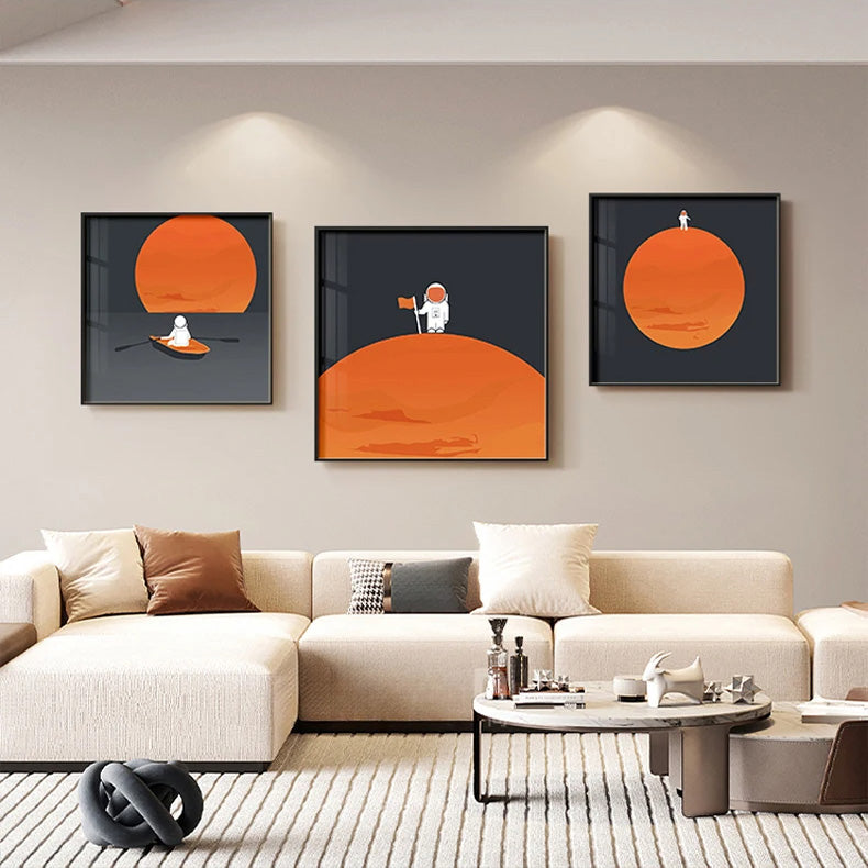 Space Mars Astronaut Cute Kid's Room Wall Art Fine Art Canvas Prints - Colorful Modern Retro Art For Office Meeting Room Inspirational Art For Contemporary Interiors