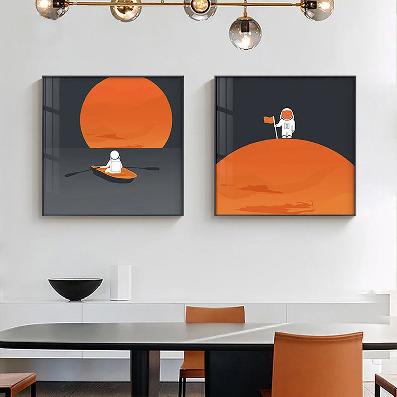 Space Mars Astronaut Cute Kid's Room Wall Art Fine Art Canvas Prints - Colorful Modern Retro Art For Office Meeting Room Inspirational Art For Contemporary Interiors