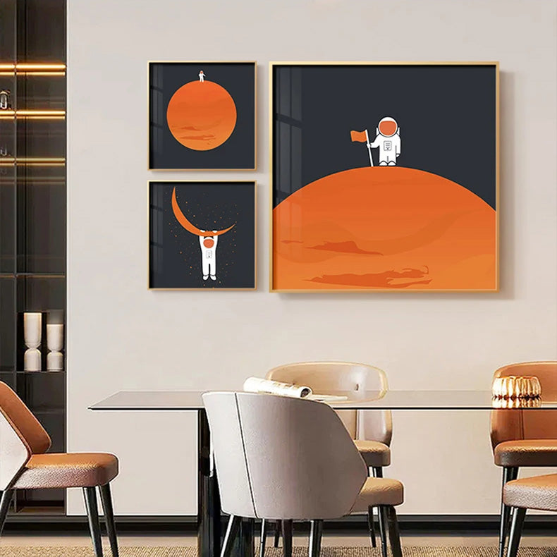 Space Mars Astronaut Cute Kid's Room Wall Art Fine Art Canvas Prints - Colorful Modern Retro Art For Office Meeting Room Inspirational Art For Contemporary Interiors