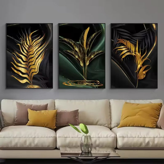 Tropical Green Golden Leaf Wall Art Fine Art Canvas Prints - Modern Botanical Art For Living Room Dining Room Art For Home Office Interiors