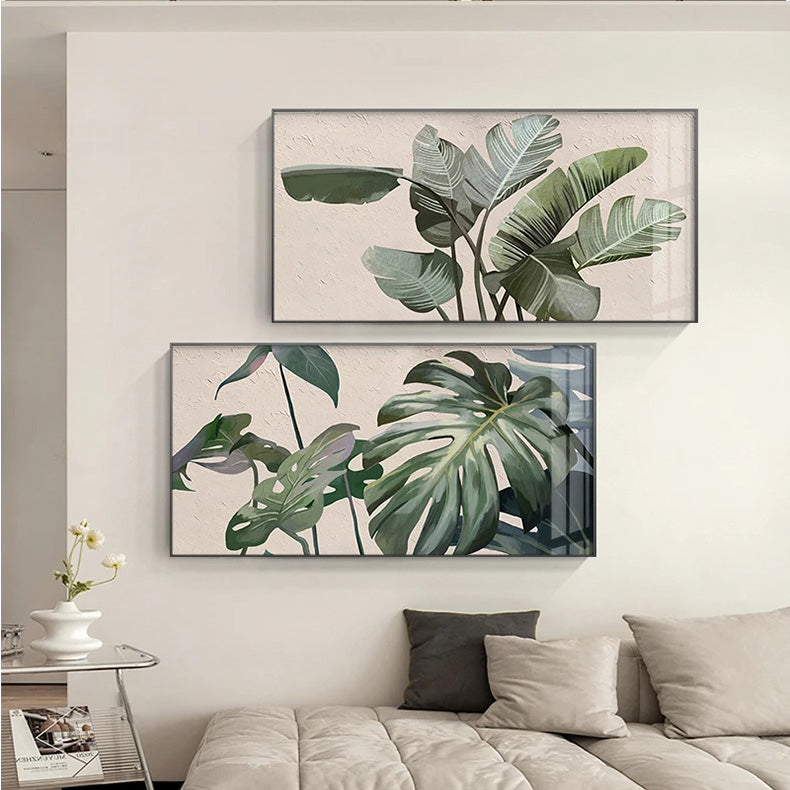 Tropical Green Leaves Wall Art Fine Art Canvas Prints - Modern Botanical Pictures For Living Room Dining Room Monstera Posters For Contemporary Scandi Home Decor